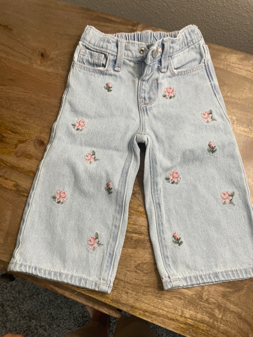 Old Navy Light Wash Jeans 12-18 months, with Pink Floral Embroidery